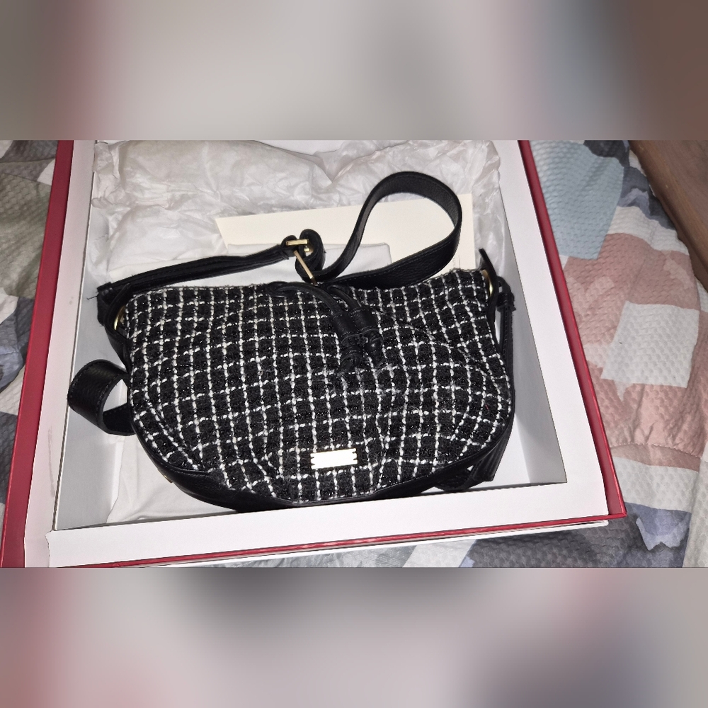 Hammitt Black & White Tweed Saddle Crossbody with Gold Hardware